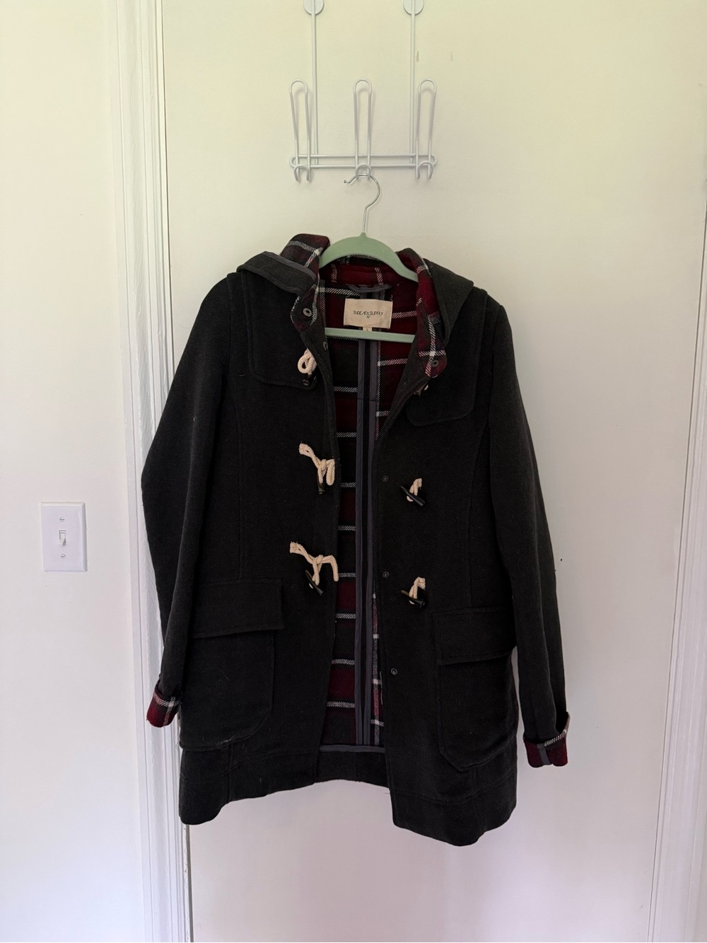 Thread & Supply Dark Gray Toggle Pea Coat with Maroon Plaid Lining